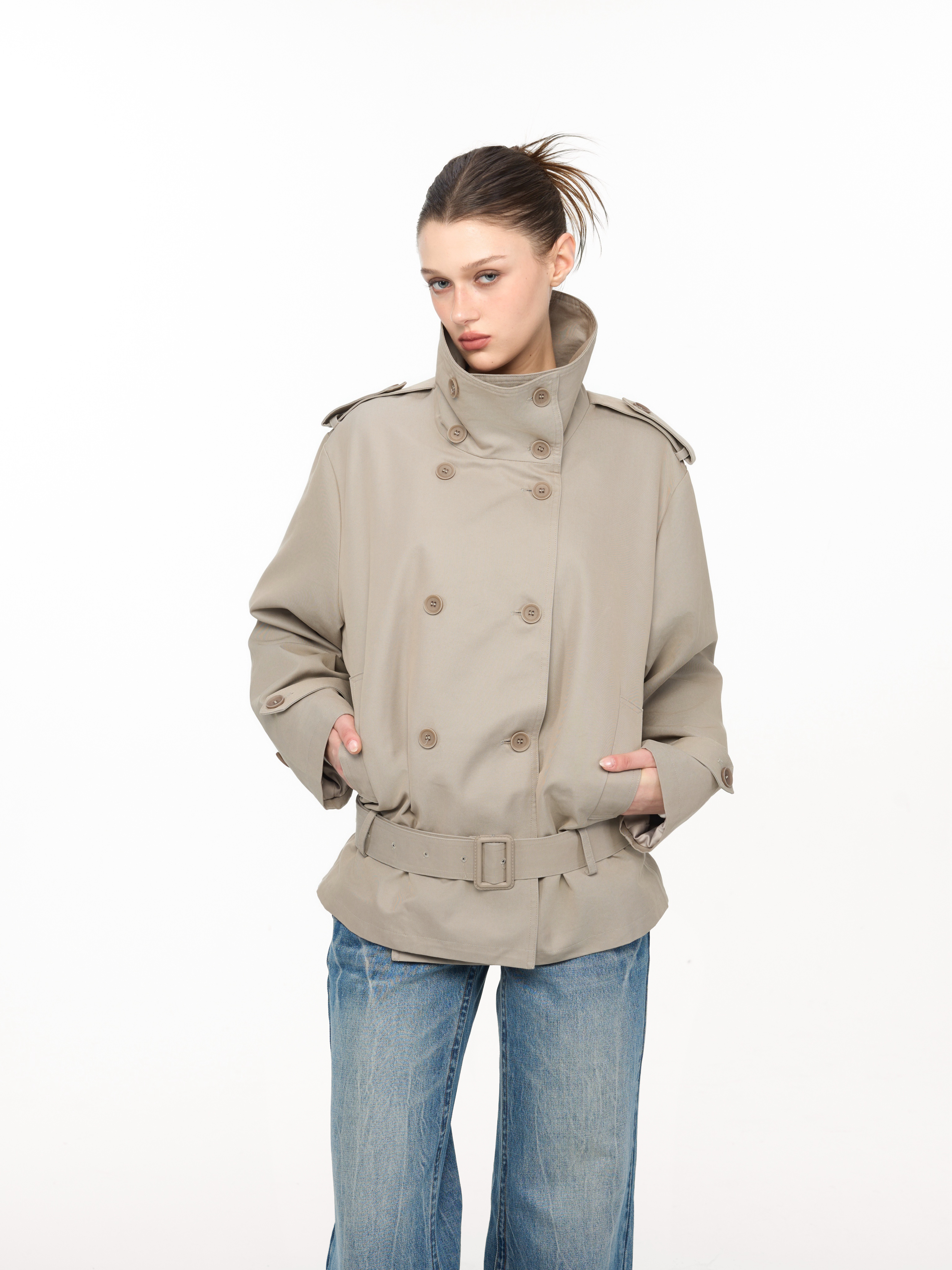 Women's Short Trench Coat, Oversized Double-Breasted Jacket with Mandarin Collar in Cool Colors
